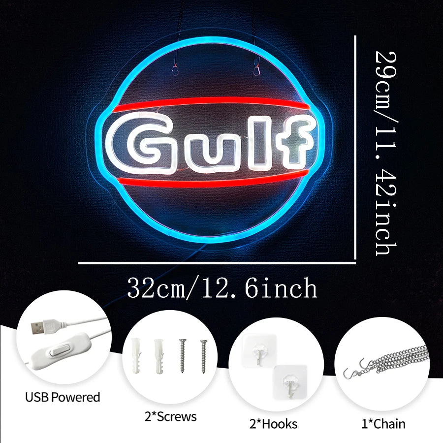Blue neon sign shaped like the word Gulf on a dark background with accessories shown.