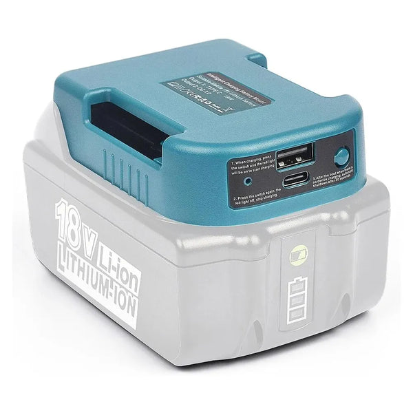 A light blue and gray battery charger for 18V Li-ion batteries.