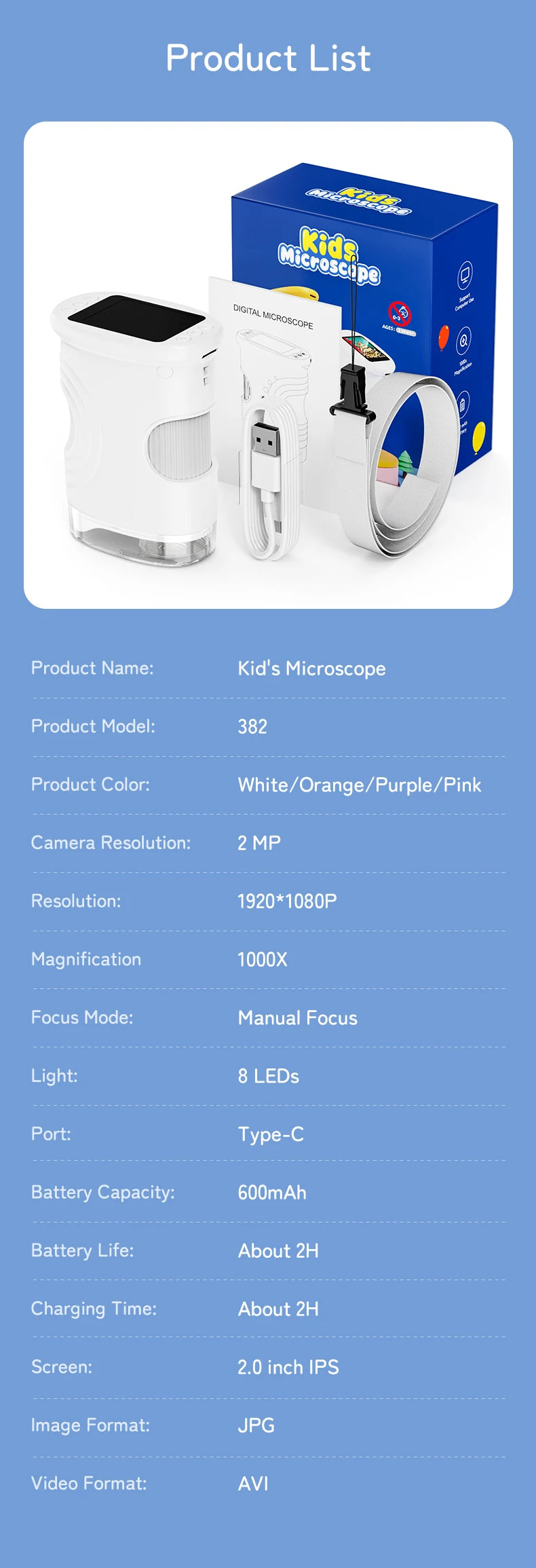 Handheld Digital Microscope for Kids – 2-Inch Screen, 200X-1000X Zoom