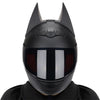 Black Bat Ear full face motorcycle helmet with detachable horns shown on a person's head.