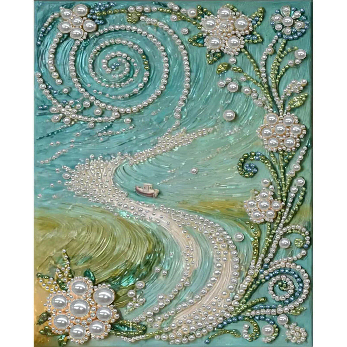 A textured wall decor painting featuring swirling light blue and green tones decorated with white and pearl-like elements.
