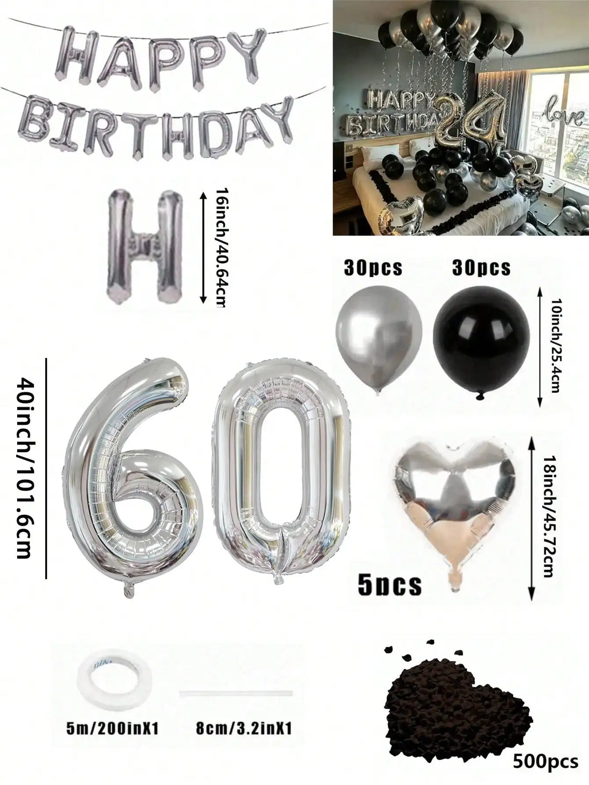 A kit for a balloon garland featuring silver and black foil numbers, balloons, and chocolate confetti.