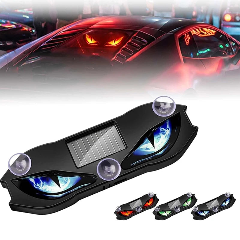 Solar-powered devil eye LED rear window warning light with multiple lenses and solar panel