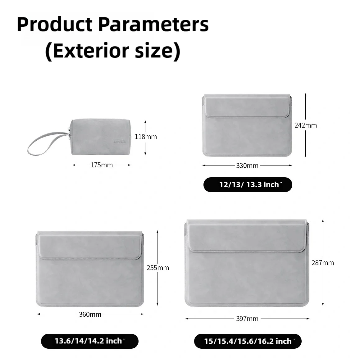 Diagram showing the exterior dimensions of a slim laptop sleeve case in various sizes and angles.