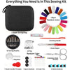 A sewing kit showing various tools including a storage bag, needles, pins, buttons, and scissors.