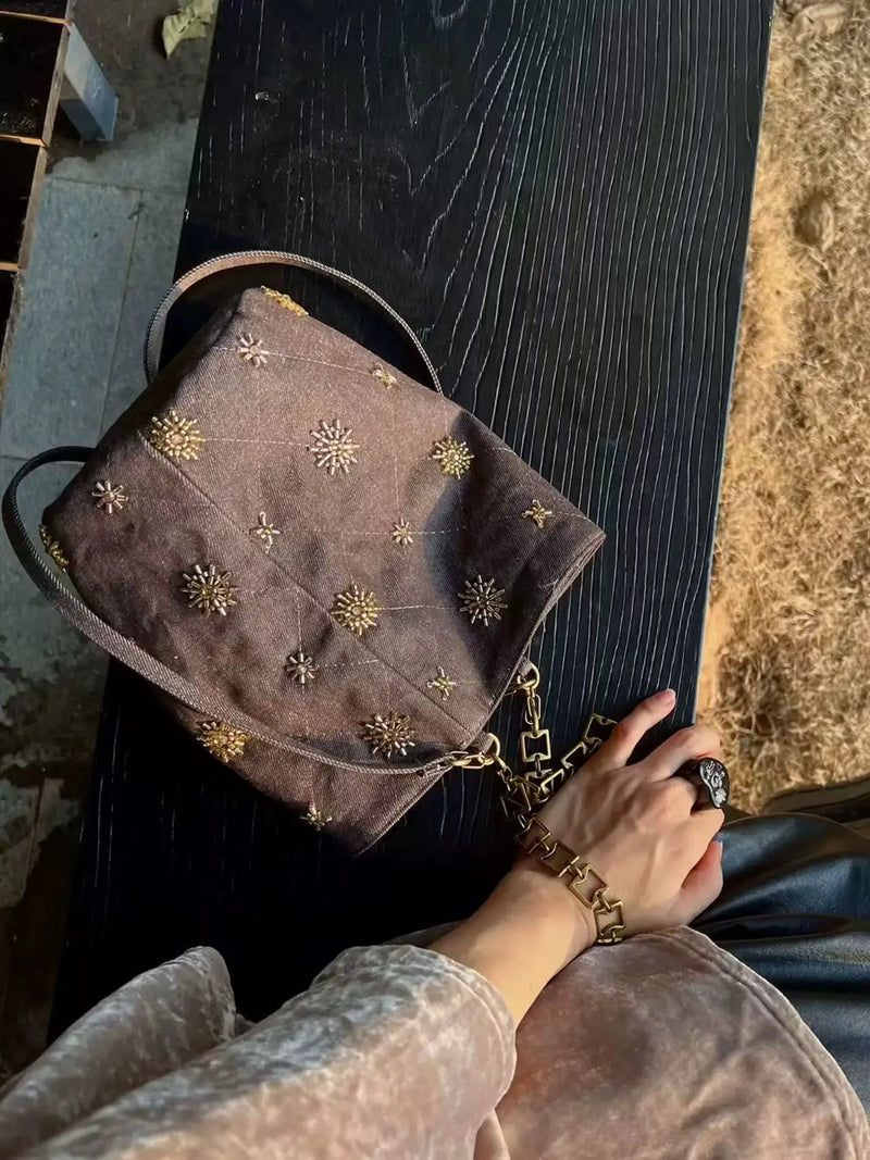 Handmade Beaded Denim Crossbody Bag