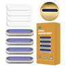 A set of outdoor solar step lights shown in various sizes and a gold-colored background.