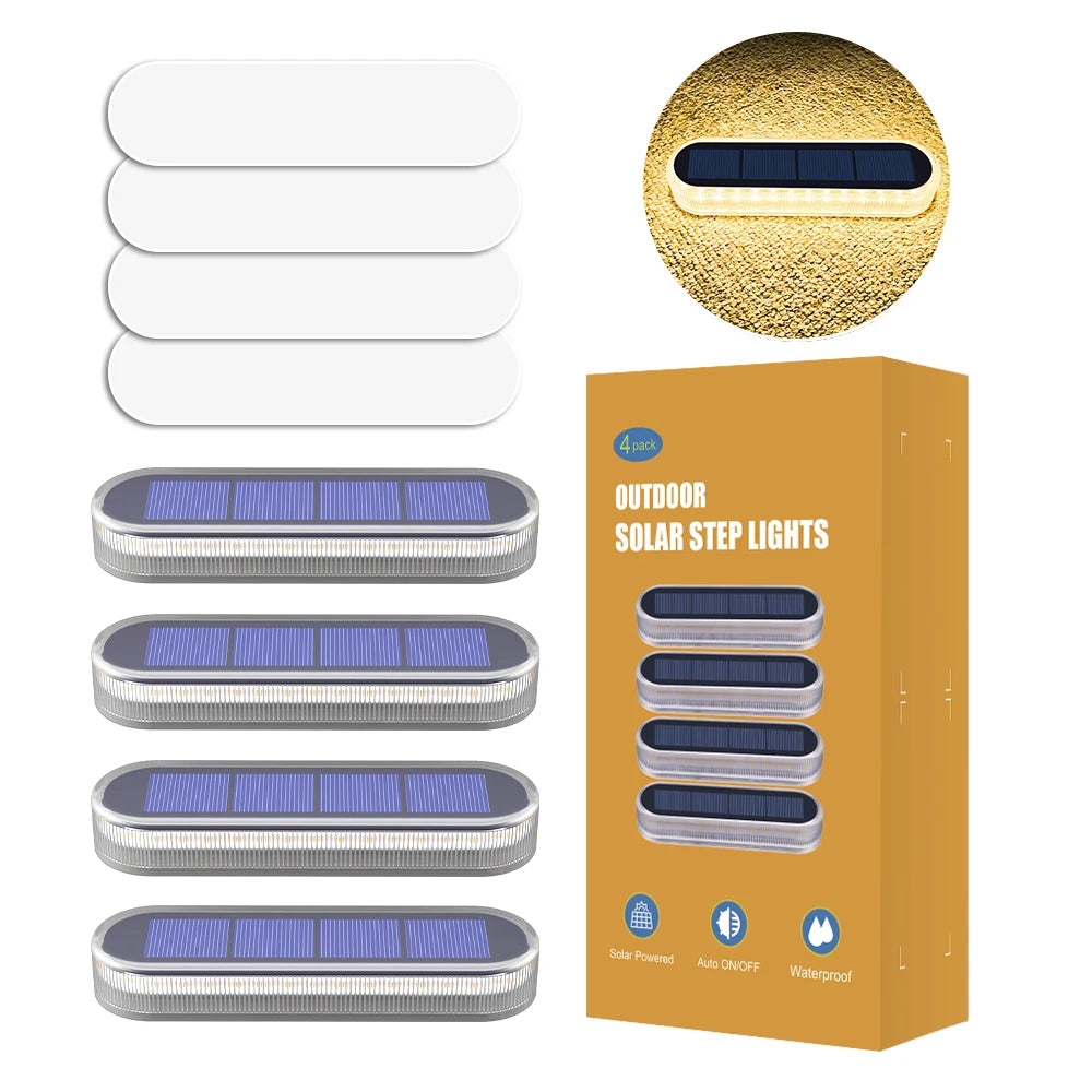 A set of outdoor solar step lights shown in various sizes and a gold-colored background.