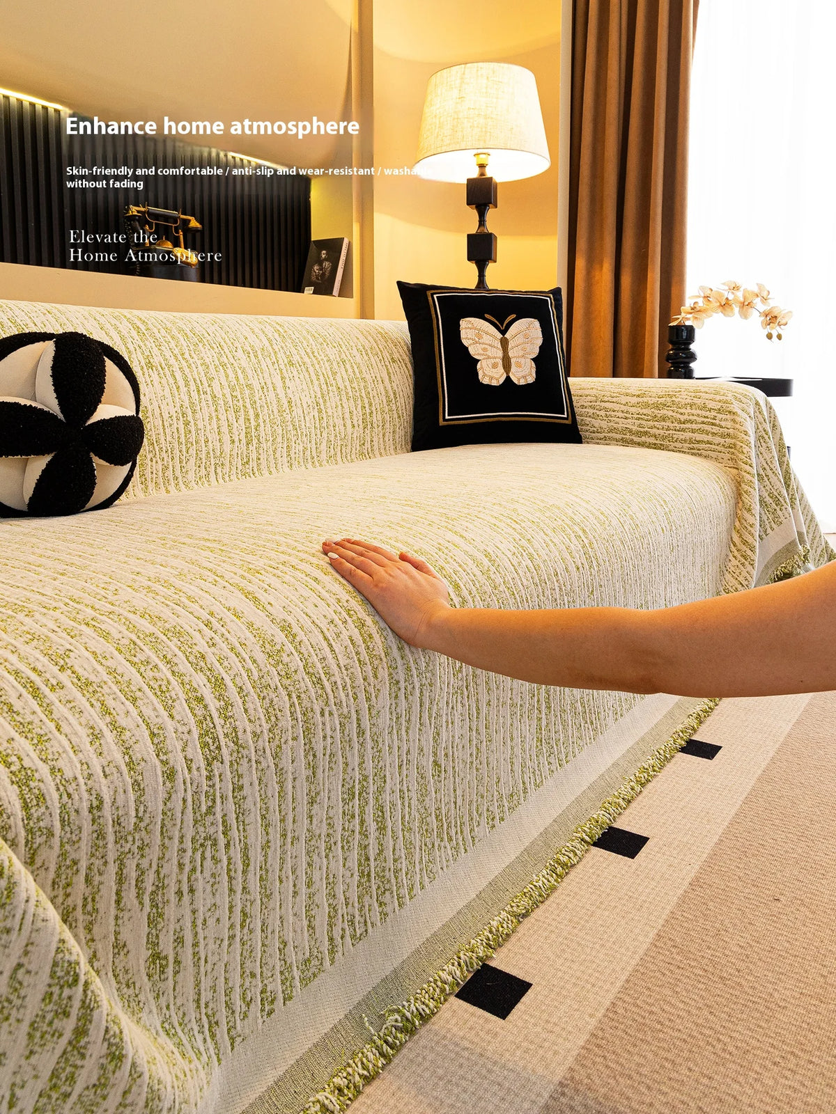 Thick Chenille Sofa Cover with Tassel Fringe — Scratch Resistant & Reversible