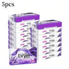 Five packs of purple lavender plant-based dryer sheets are displayed.