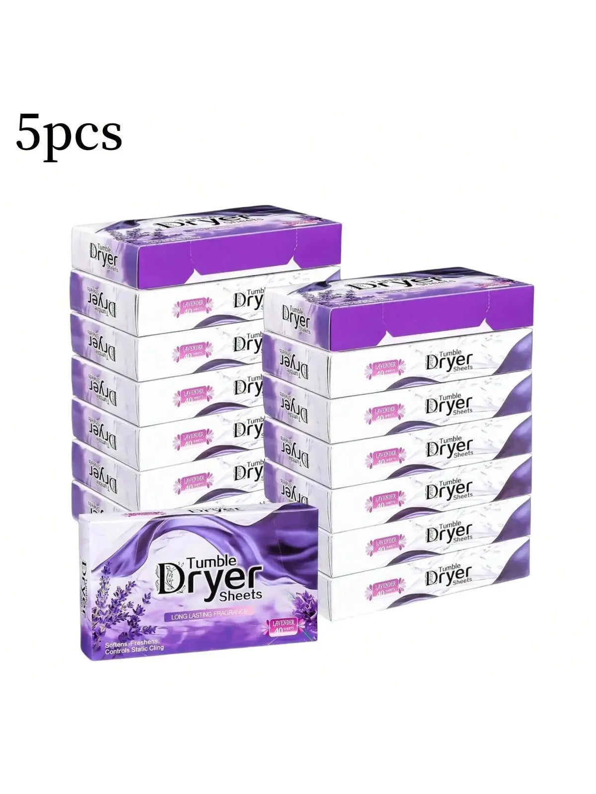 Five packs of purple lavender plant-based dryer sheets are displayed.