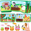 A set of Montessori farm animal busy books featuring various animals like a cow, chicken, and pig on green and yellow backgro