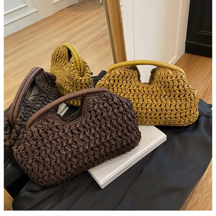 Handwoven Straw Tote Bag with Zipper