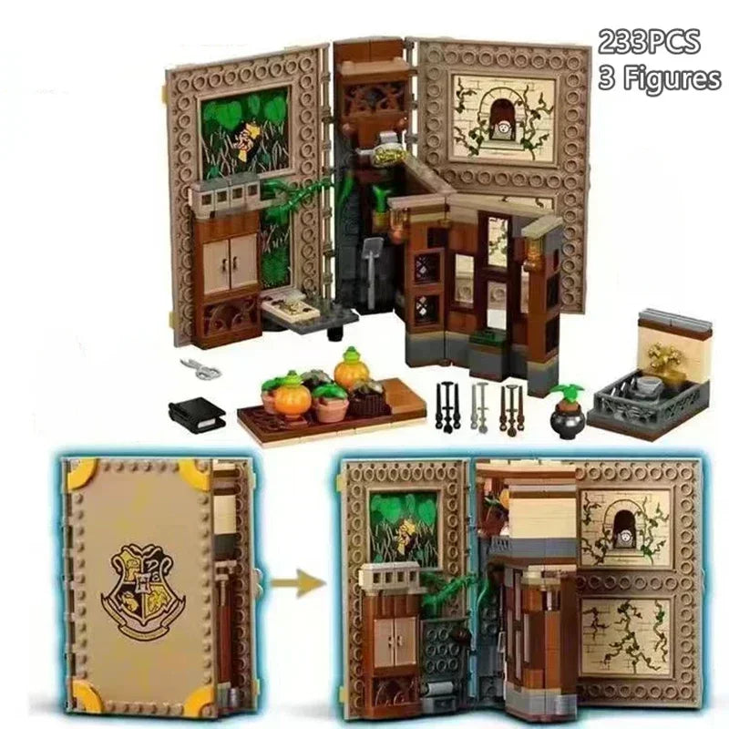A set of 233 pieces featuring 3 figures and various fantasy theme models built from wooden building blocks.