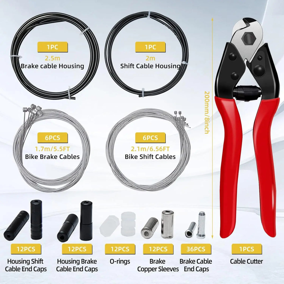 A kit of bicycle brake and shift cables, housings, end caps, and a wire cutter for replacement.