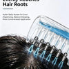 A close-up of a clear comb with roller balls is shown applying liquid evenly to hair roots.