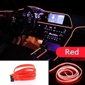 A coiled red flexible USB-powered neon accent light strip for car and home use.