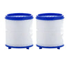 A pair of blue and white cylindrical water filters with blue mesh tops.