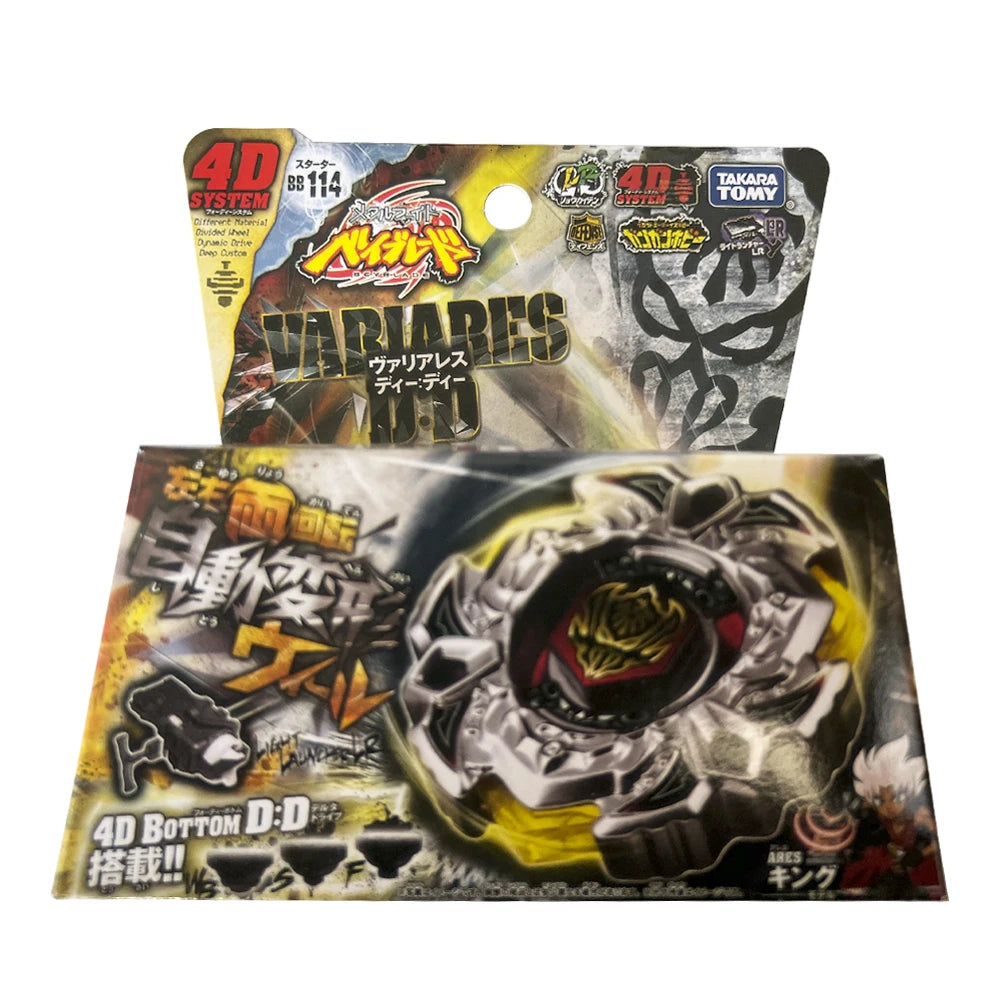 A packaging box for a 4D system toy featuring a metal spinning top battle theme.