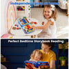 A young girl plays with a Montessori giraffe busy board and quiet book for educational activities at home.