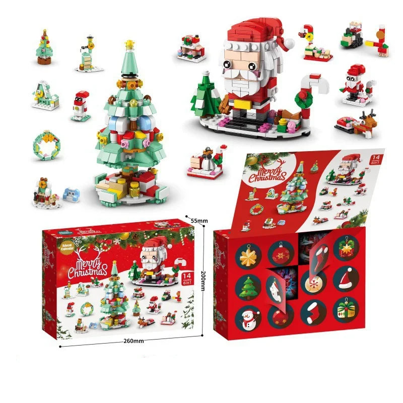 A set of Christmas themed building blocks featuring Santa and festive decorations.
