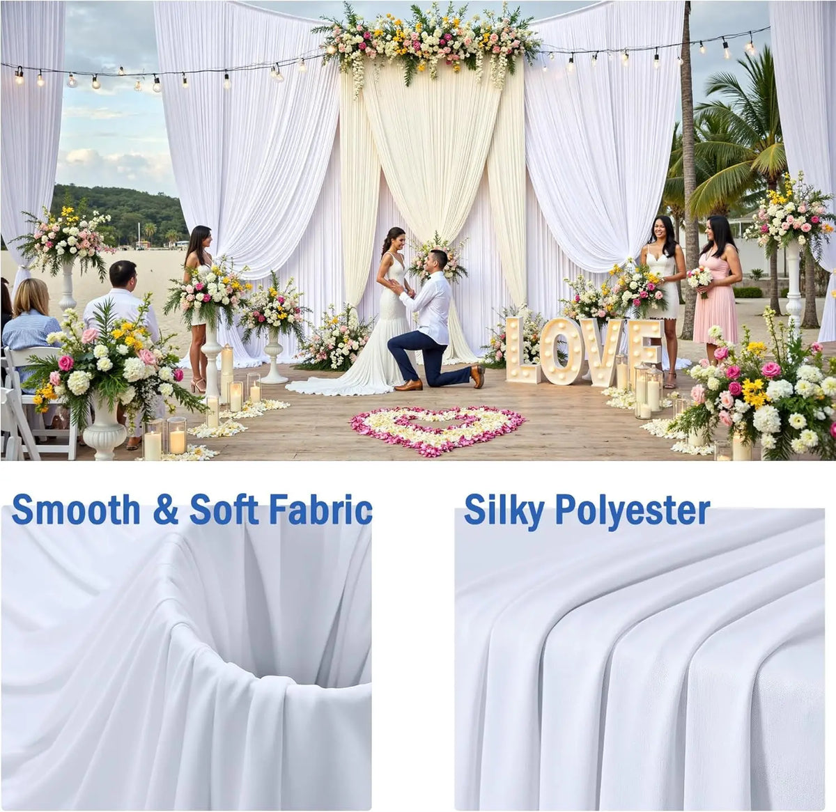 Weiher Stoffvorhang als Hintergrund für eine Hochzeit mit Blumenarrangements und einem Paar.