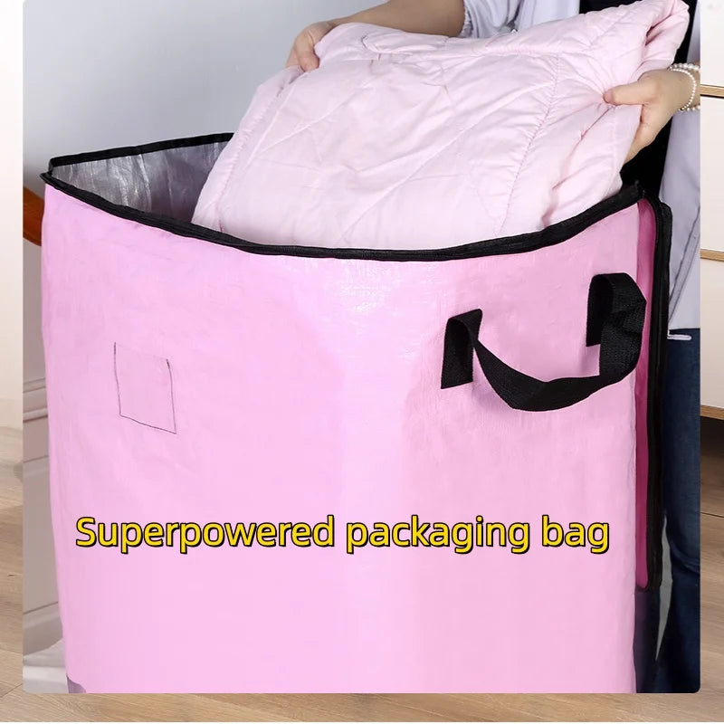 A pink superpowered packaging bag filled with a fluffy pink comforter or pillow.
