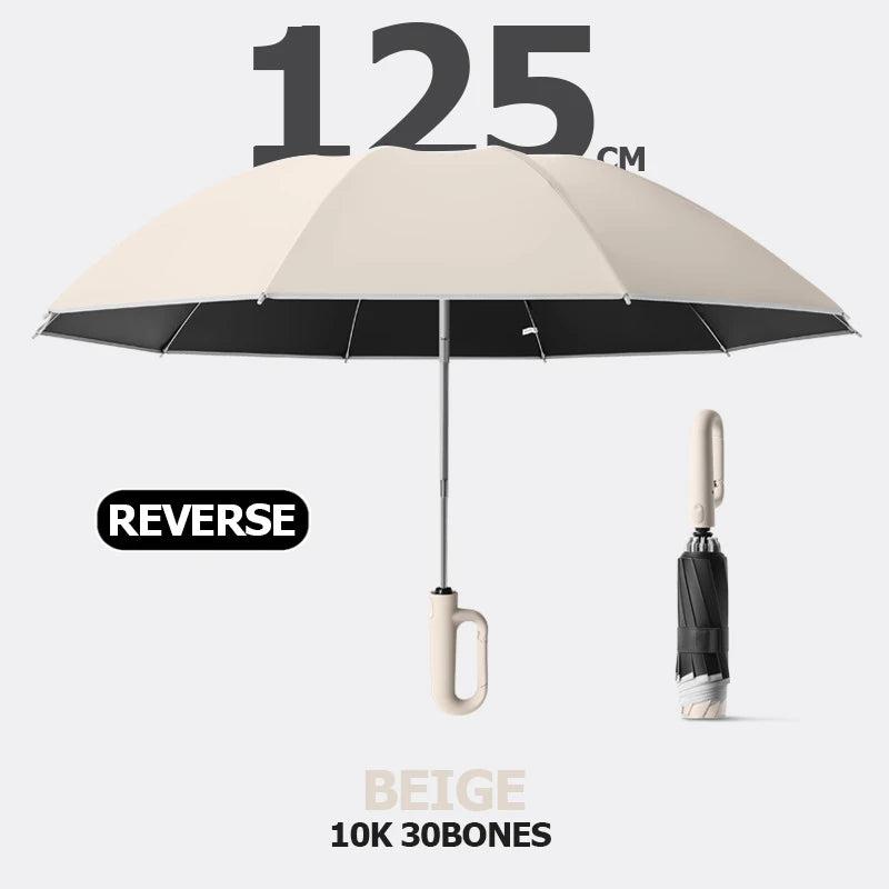 Auto Reverse-Folding Umbrella with Reflective Stripe & Carabiner Handle