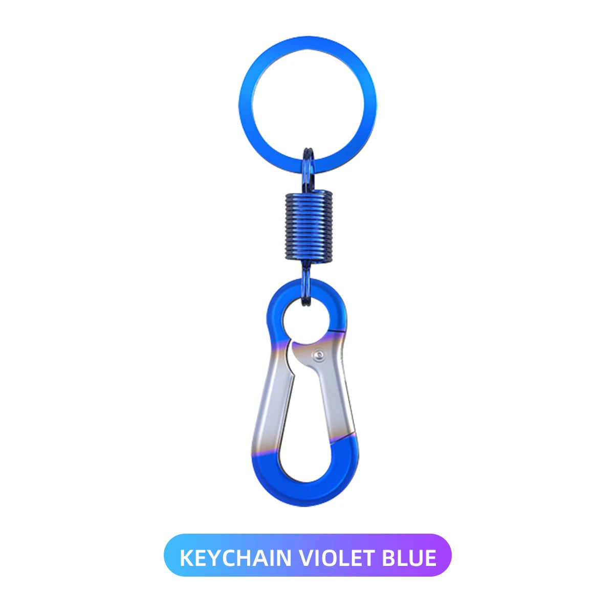 A blue keychain featuring a circular ring and a titanium key head cover.