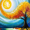 A vibrant painting depicting a golden sun rising behind a silhouette of a bright yellow and orange tree against a deep blue, 