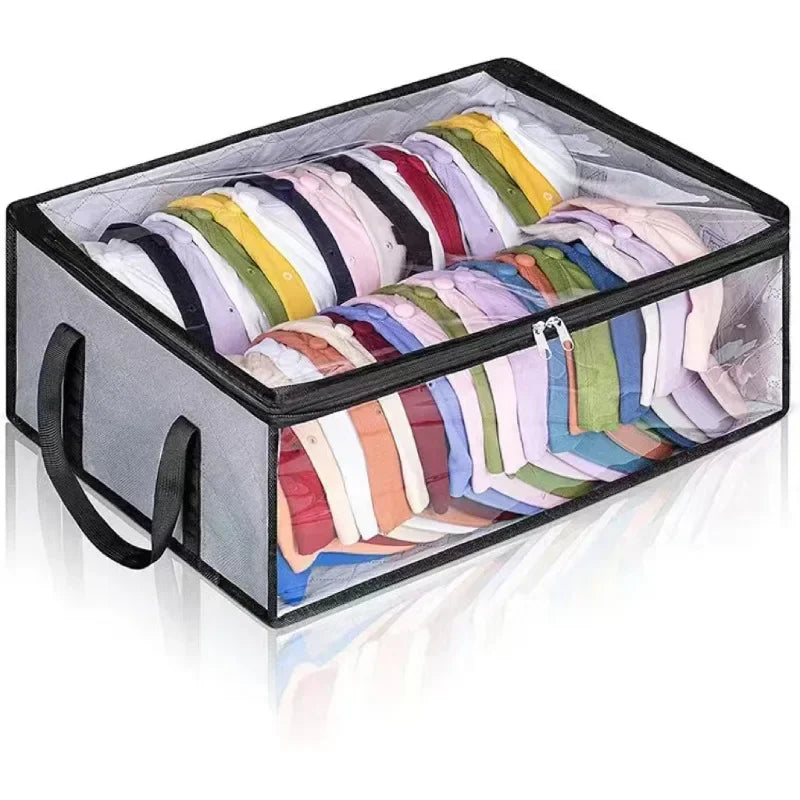 A rectangular storage box with a lid filled with folded colorful hats and caps.