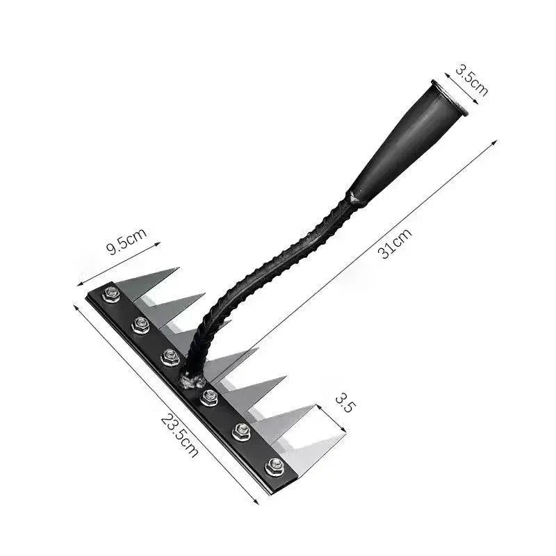 A black durable garden hand rake with a long, flexible handle and a flat head.