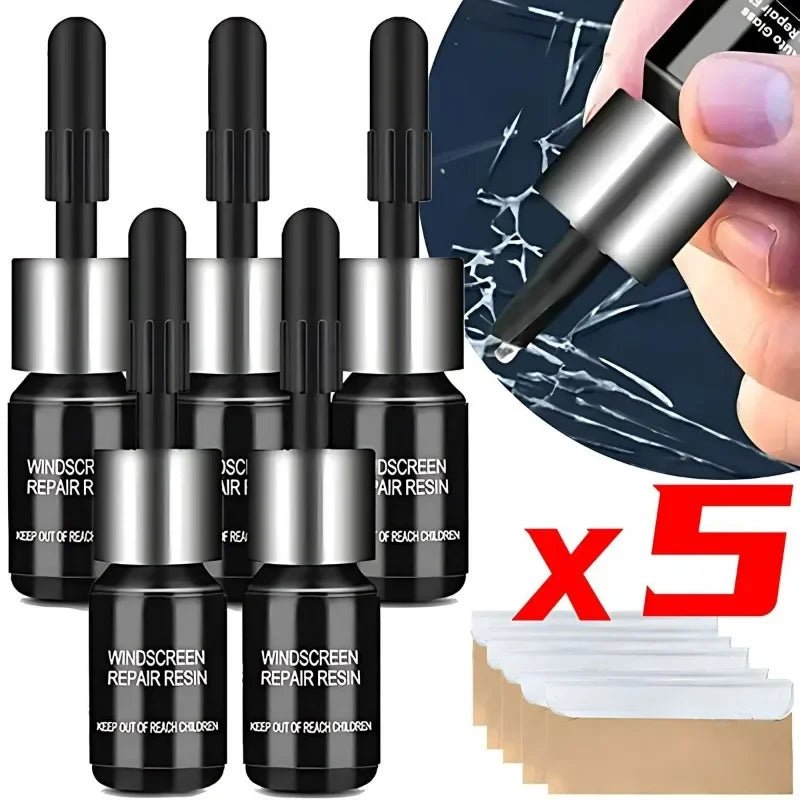 Five black and silver windshield glass repair resin kits shown with a hand applying the resin