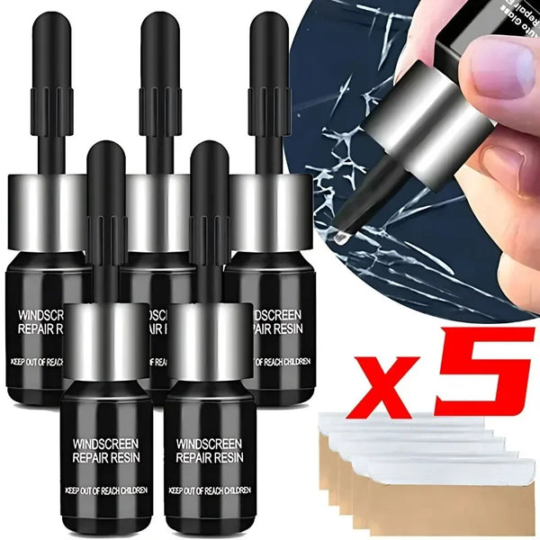 Five black and silver windshield glass repair resin kits shown with a hand applying the resin