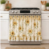 Farmhouse floral oven skirt with yellow and green floral pattern and lace ruffle trim installed on a stainless steel range.