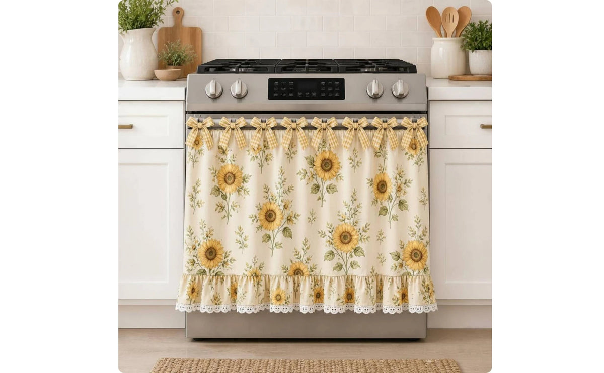 Farmhouse floral oven skirt with yellow and green floral pattern and lace ruffle trim installed on a stainless steel range.