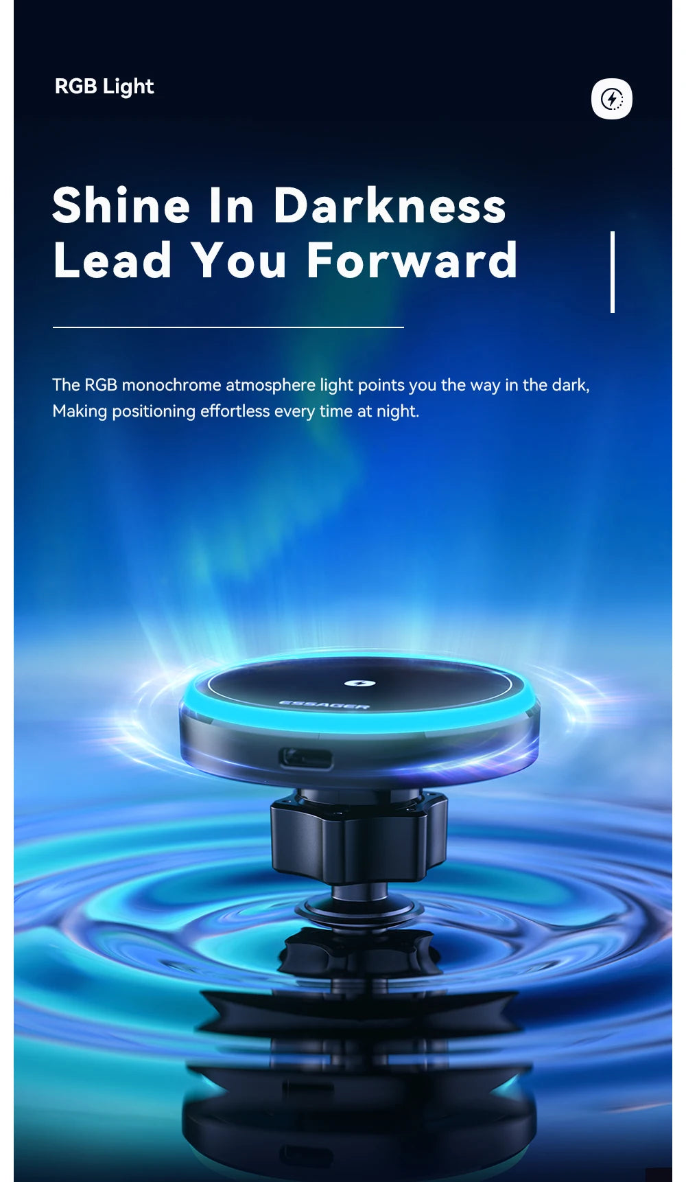 A black magnetic wireless car charger mount with a glowing blue RGB light resting on a reflective surface.