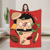 A red throw blanket featuring a playful cartoon illustration of a man with a mustache and a burger.