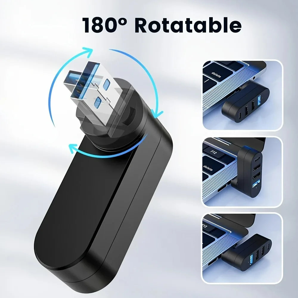 180° Rotating USB-C & USB-A Hub with 3-Port Expansion