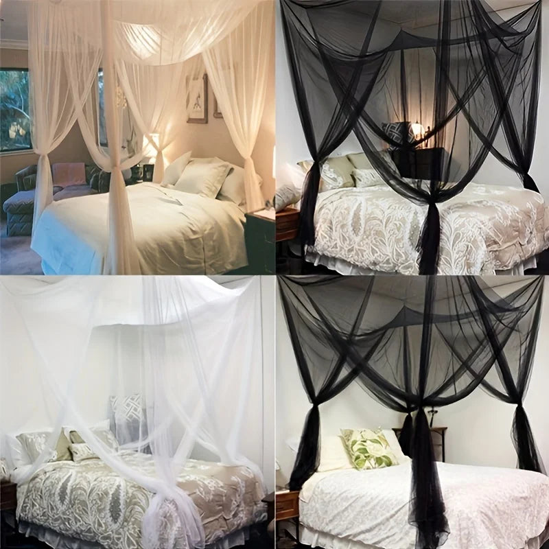 Floor-to-ceiling mosquito net with double opening draped over a bed.