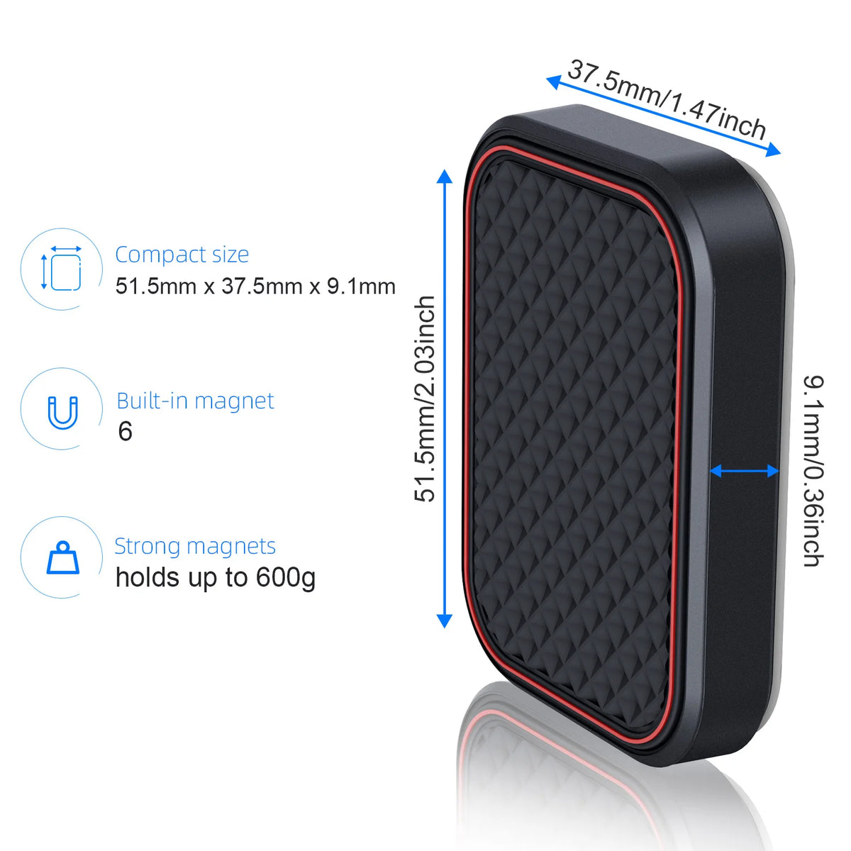 Support magnétique noir et fin pour téléphone de voiture, dimensions 51.5 x 37.5 x 9.1 mm.