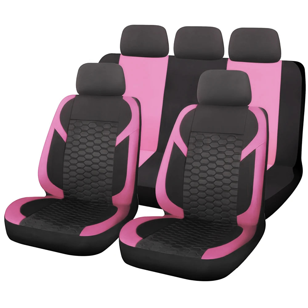 A set of black and pink honeycomb mesh car seat covers shown in a row.