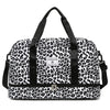 A black and white leopard print duffle bag with black straps and a Ziumanni logo.