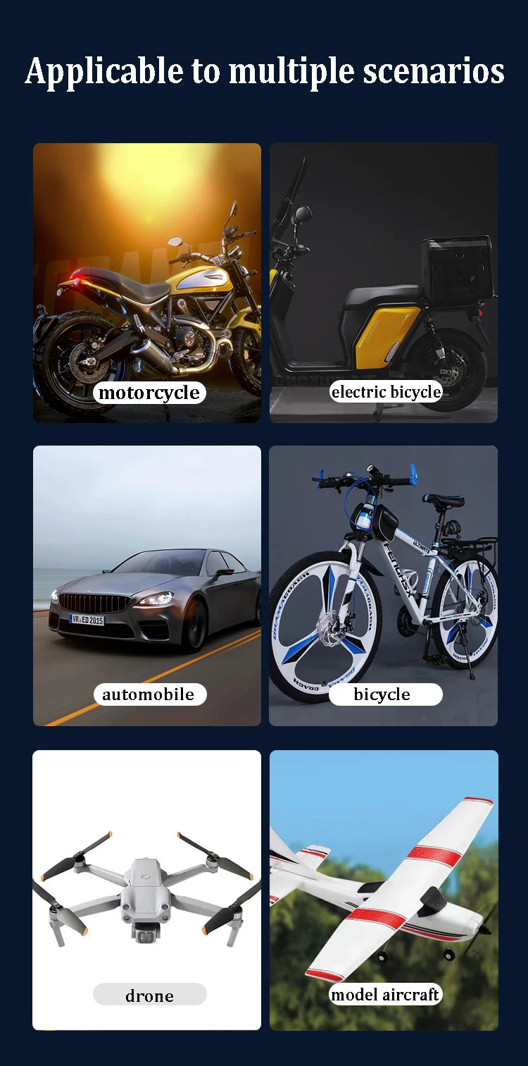 A collection of various vehicles and aircraft, including a motorcycle, electric bicycle, automobile, bicycle, drone, and mode