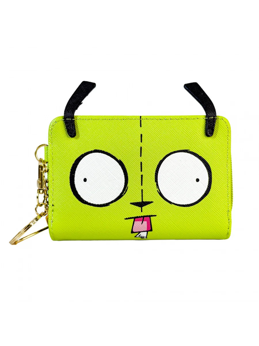 A bright lime green cartoon print compact wallet featuring large eyes and a small nose, with black strap attachments.