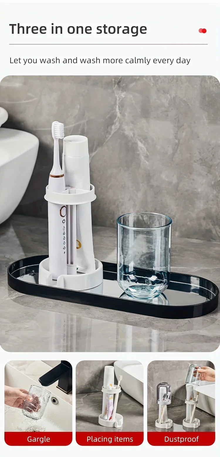 A modern bathroom toothbrush holder with a dust cover and drainage, displayed on a black tray.