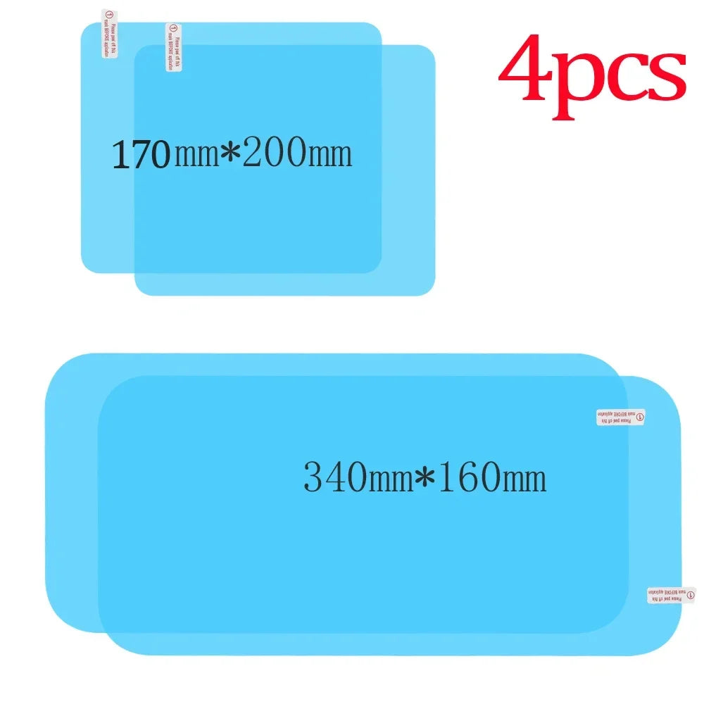 Four pieces of clear anti-fog and rain-repellent car mirror film, with dimensions 170mmx200mm and 340mmx160mm.