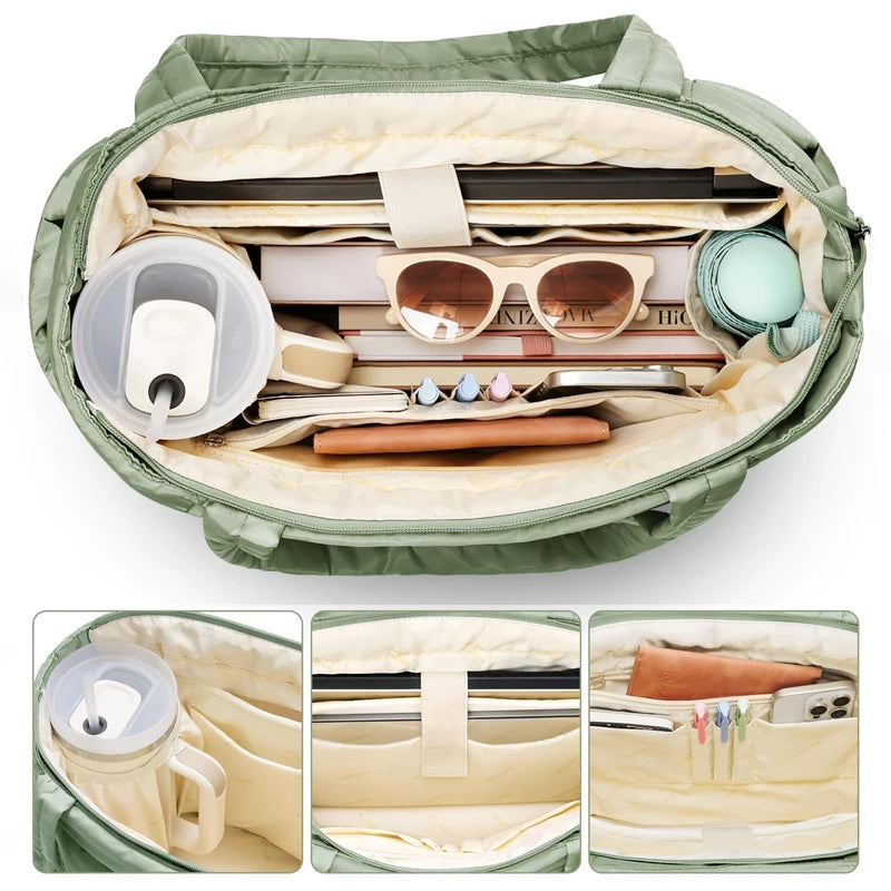 A quilted olive green puffy tote bag open to show a padded laptop sleeve and various accessories.