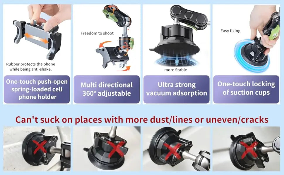 A multi-directional 360 degree suction cup phone mount for holding a phone on car windshields and dashboards.