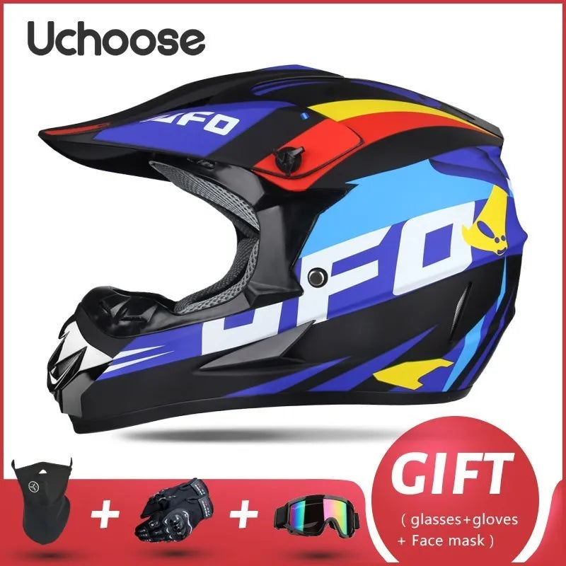 A black and blue Off-Road helmet is shown with accessories like glasses, gloves, and a face mask offered as a gift.